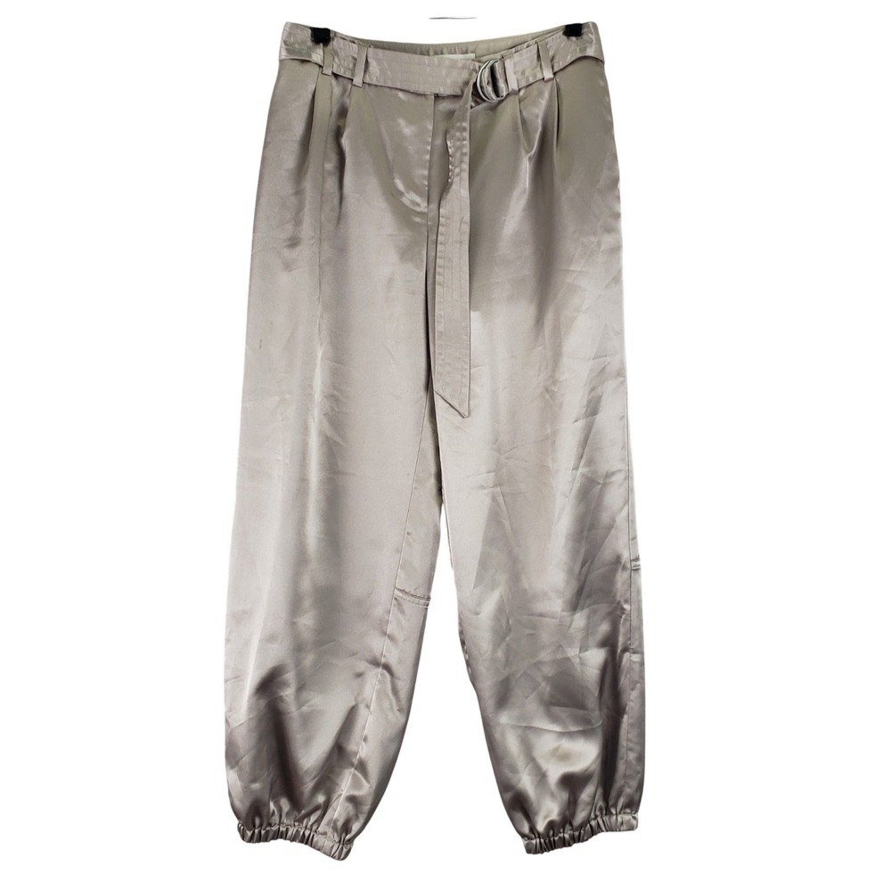 Anthropologie Maeve Satin Jogger Pants Women 4P Taupe High Rise Pleated Luxe